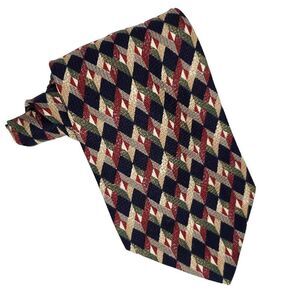 Vintage Diamond Geometric Foulard Neck Tie Silk Burgundy Red Navy Blue Green